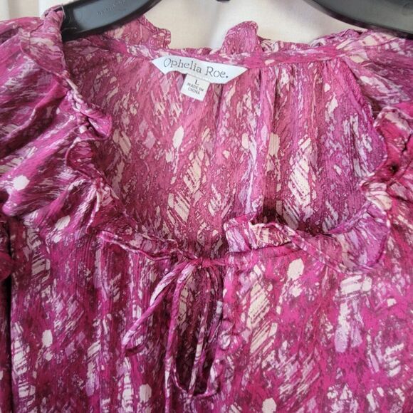 Vintage Ophelia Roe Large Feminine Blouse ruffled Tie Semi Sheer geometric Y2K - Picture 7 of 11